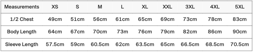 JH001 SIZE GUIDE